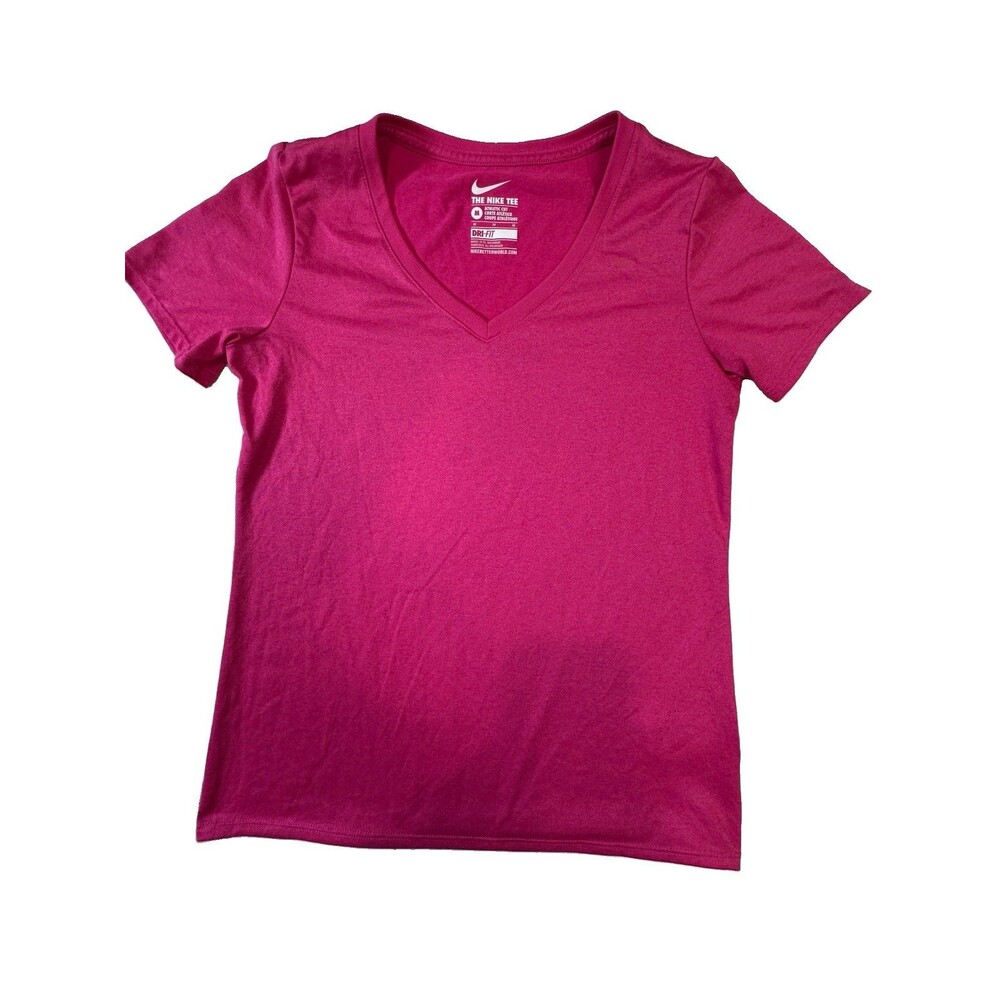Nike Dri Fit Womens Shirt Medium Pink Short Sleeve V Neck Activewear Athletic